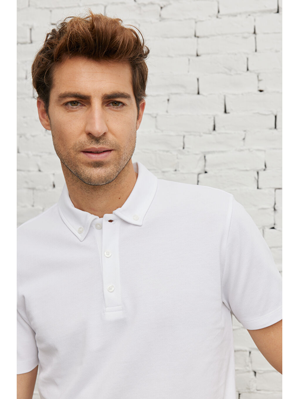 Erkek Beyaz Dar Kesim Nefes Alan Kumaş Polo Yaka Pamuklu Tişört-2