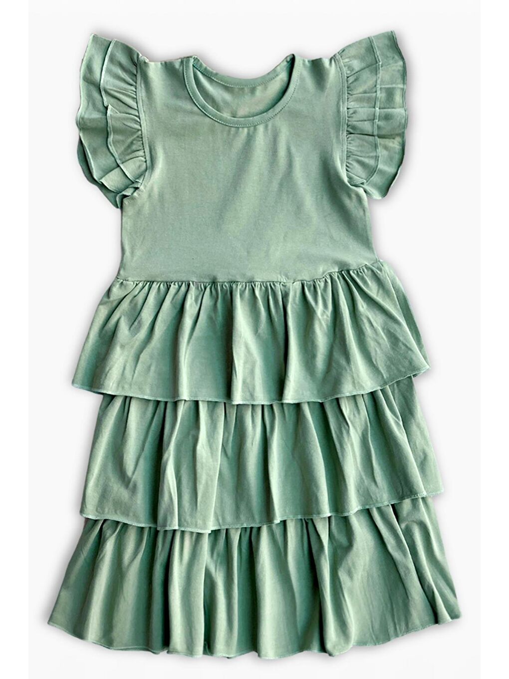 Kız Çocuk Princess Yeşil Fırfır Kollu Kat Kat Elbise-3