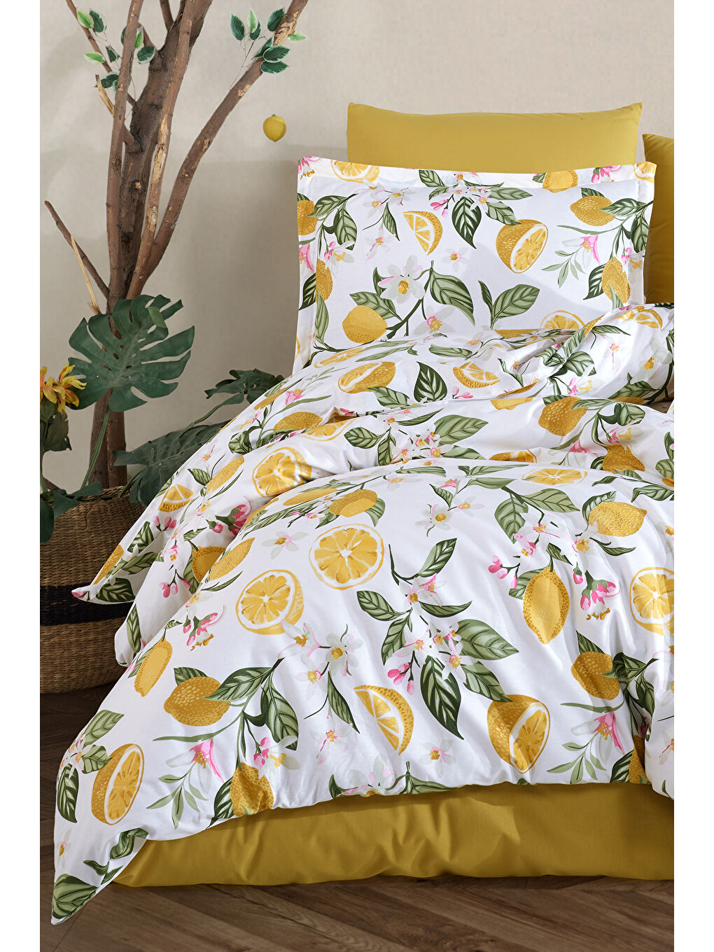 Sarı Ranforce %100 Pamuk Çift Kişilik Nevresim Seti Lime-2