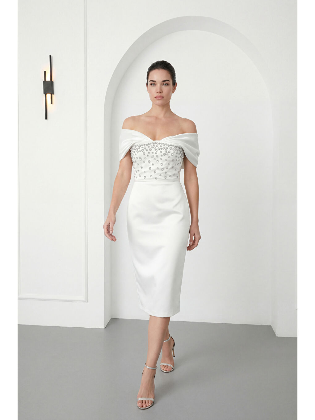 Kadın Beyaz Kayık Yaka Taşlı Midi Söz Nişan Nikah Abiye Elbise-1