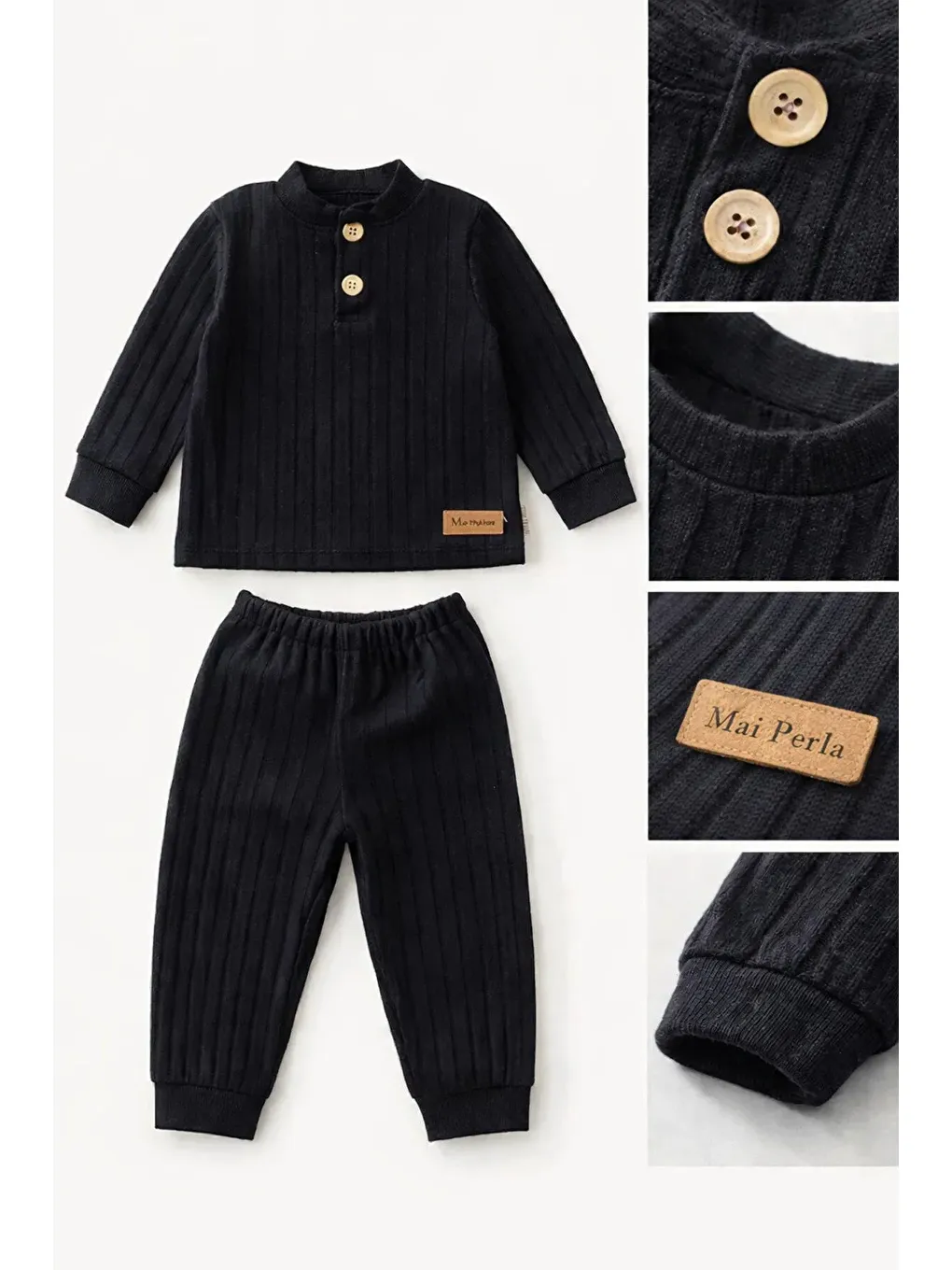 Siyah Erkek Çocuk Takımı Fitilli Raporlu Kumaş İkili Alt Üst Takım (1-5 Yaş)-4