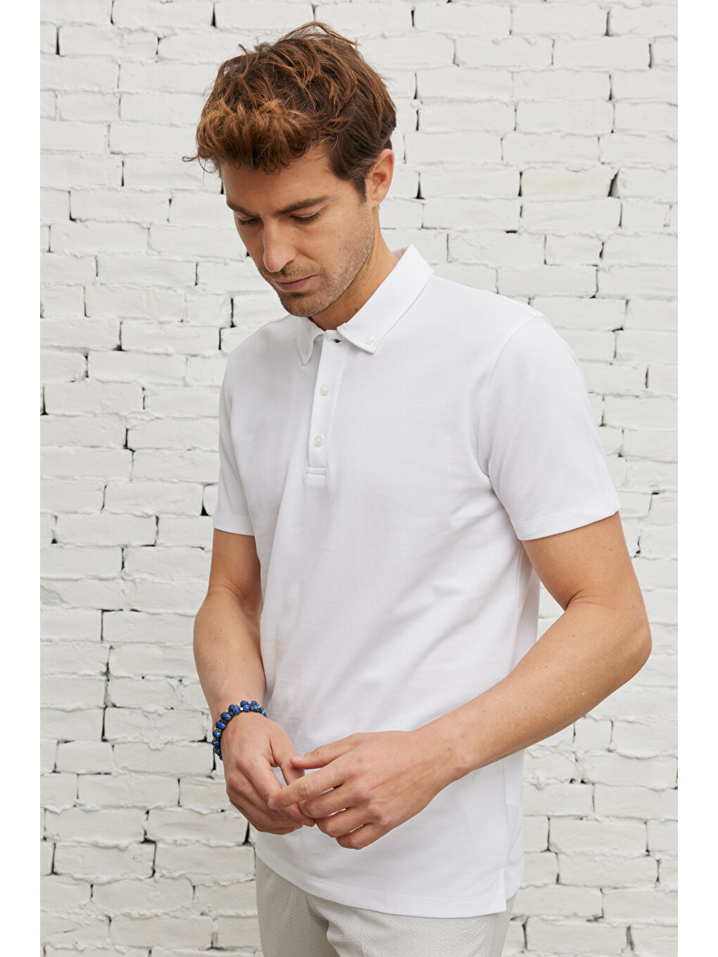 Erkek Beyaz Dar Kesim Nefes Alan Kumaş Polo Yaka Pamuklu Tişört-3