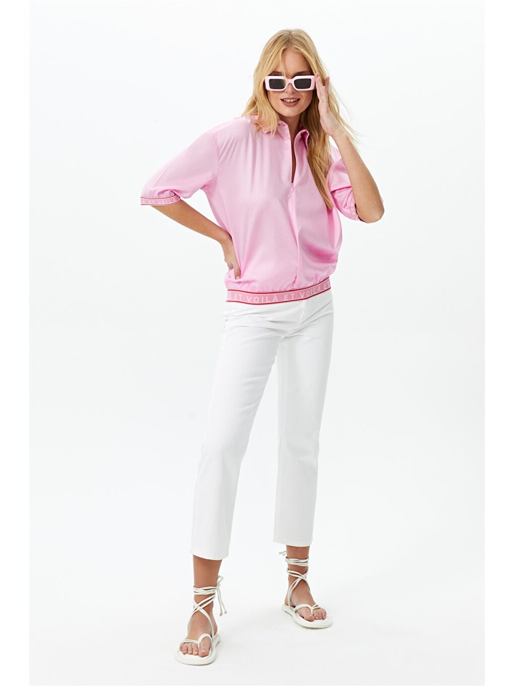 %100 Pamuk Beyaz Yüksek Bel, Straight Kalıp Jeans-1