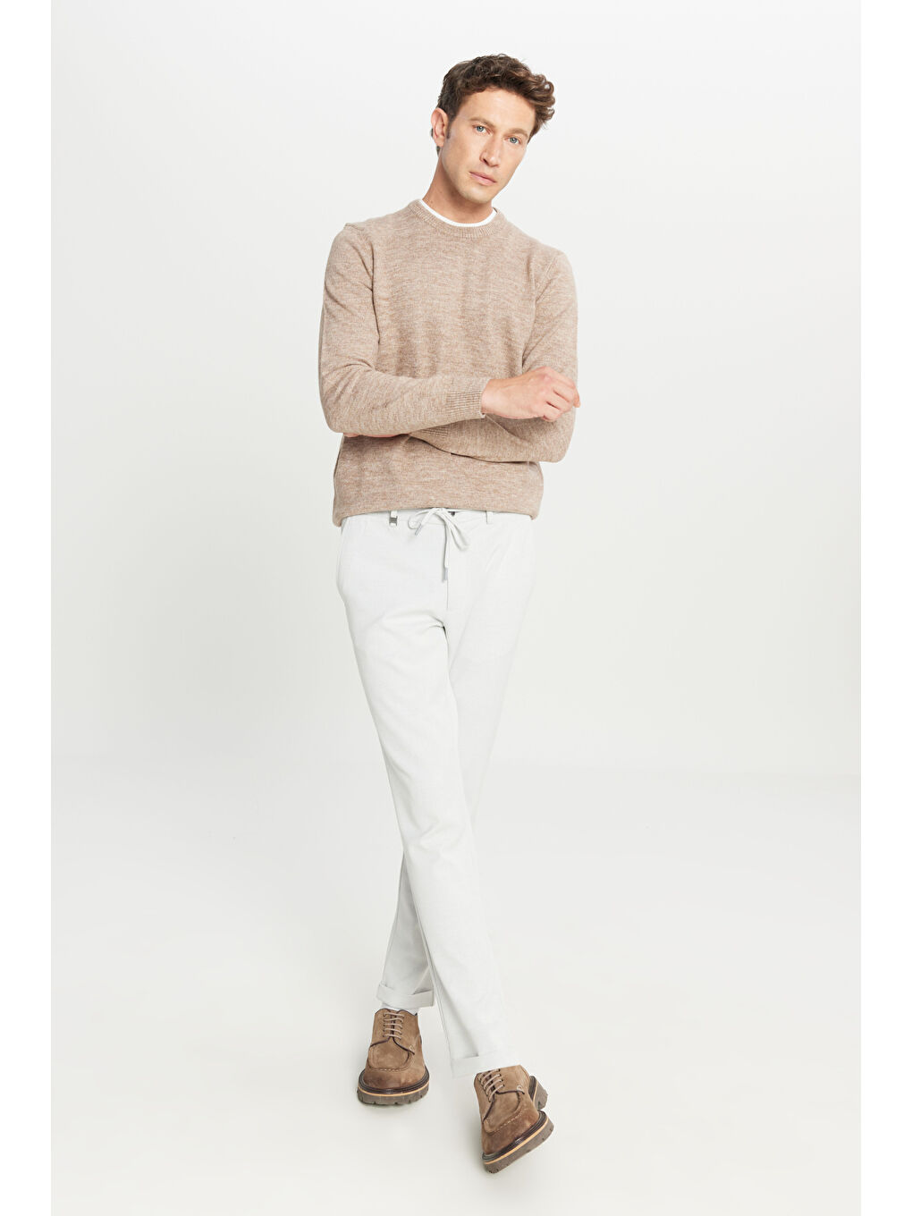 Bej Erkek Vizon Standart Fit Normal Kesim Bisiklet Yaka Şardonlu Triko Kazak-1