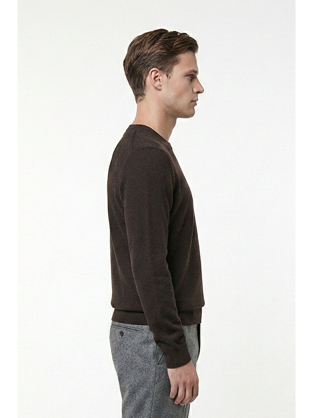 Kahverengi Kahve Standart Fit Yün Karışımlı Bisiklet Yaka Düz Erkek Triko Kazak-2