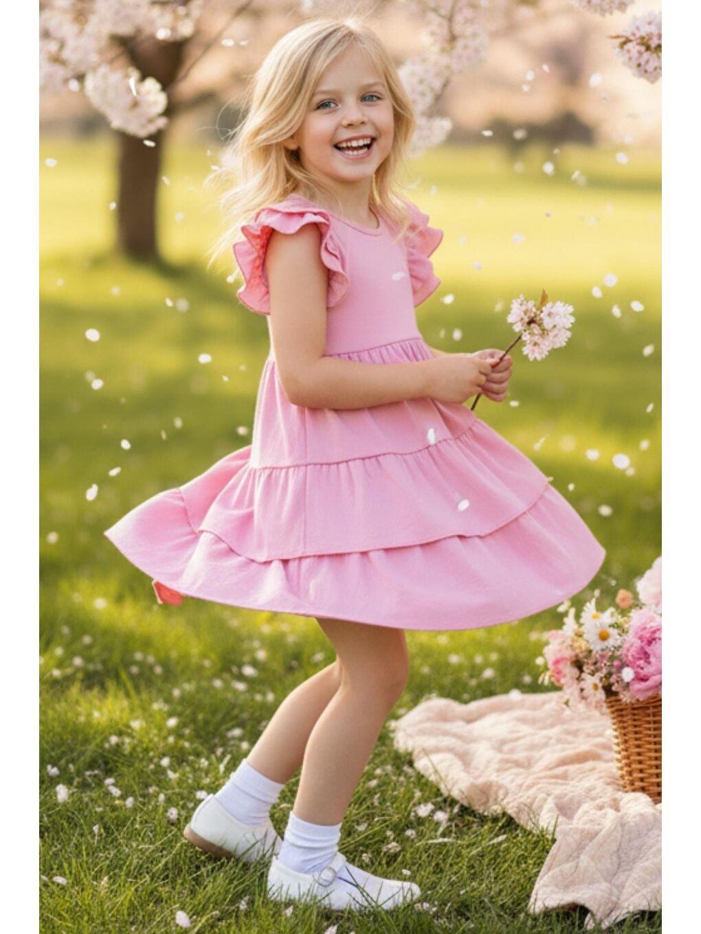 Kız Çocuk Princess Pembe Fırfır Kollu Kat Kat Elbise-1