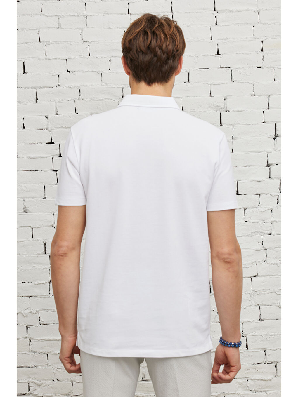 Erkek Beyaz Dar Kesim Nefes Alan Kumaş Polo Yaka Pamuklu Tişört-4