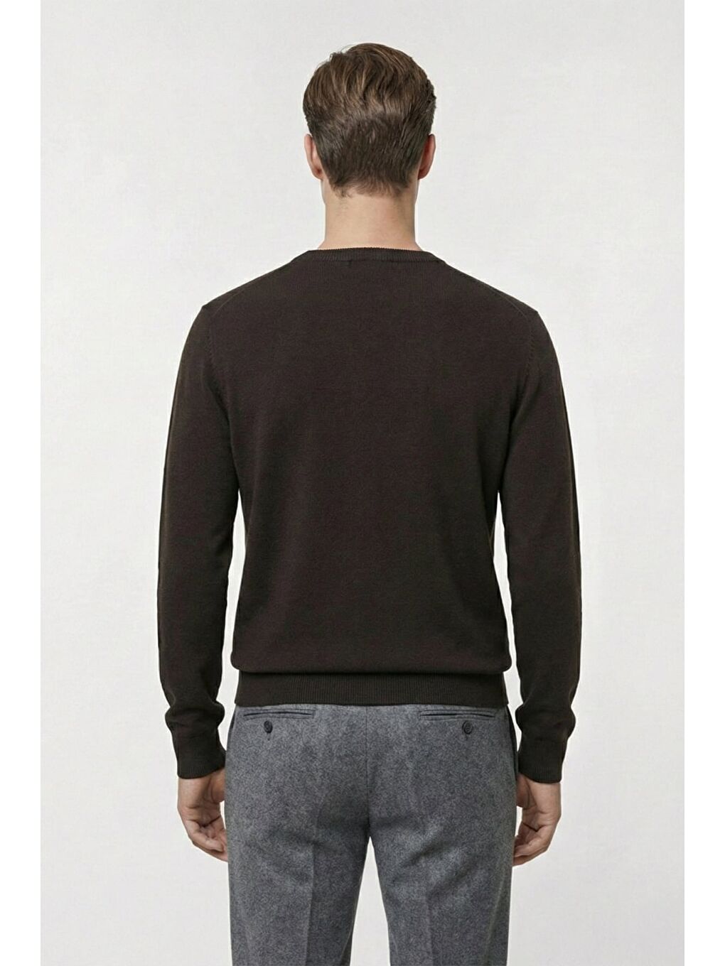 Kahverengi Kahve Standart Fit Yün Karışımlı Bisiklet Yaka Düz Erkek Triko Kazak-3