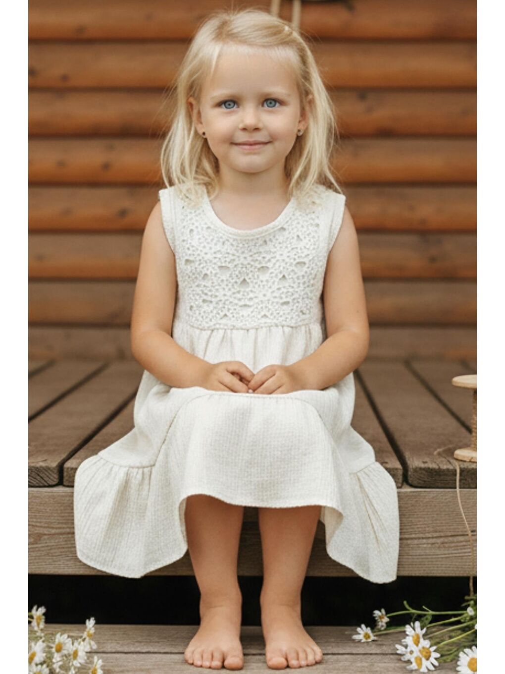 Kız Çocuk Lavender Ekru Fistolu Volanlı Elbise-1