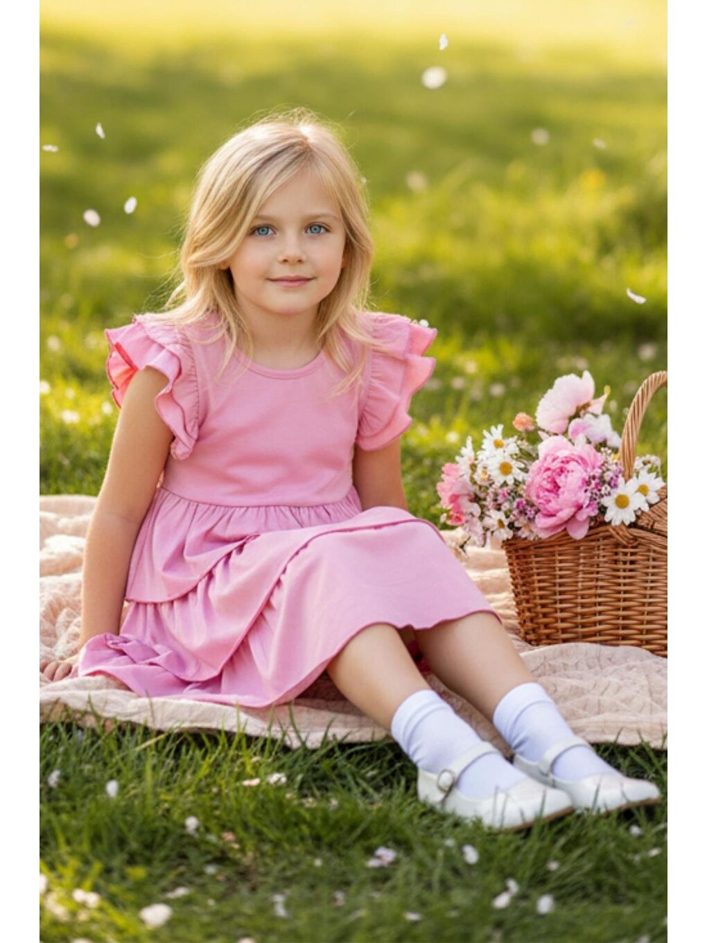 Kız Çocuk Princess Pembe Fırfır Kollu Kat Kat Elbise-2