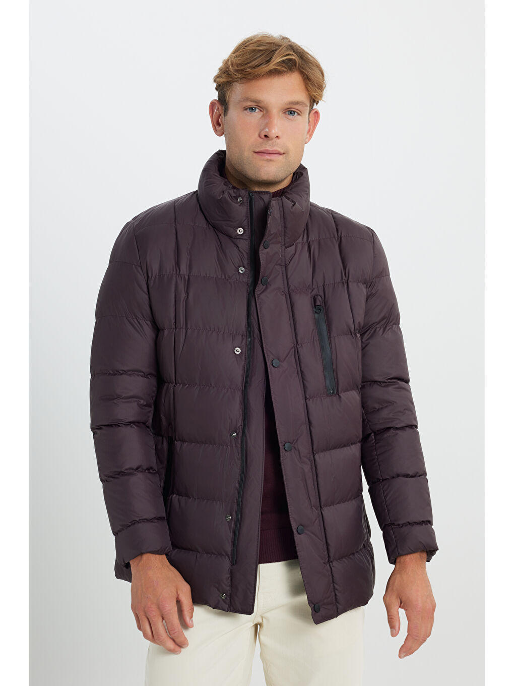 Erkek Bordo Standart Fit Normal Kesim Dik Yaka Yan Cepli Mont