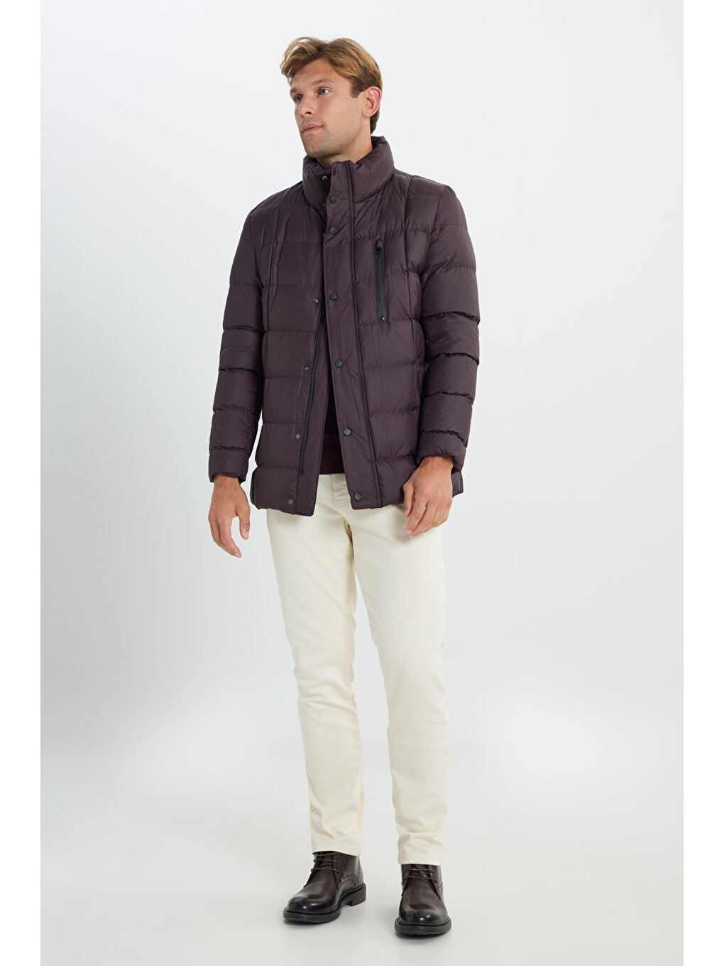 Erkek Bordo Standart Fit Normal Kesim Dik Yaka Yan Cepli Mont-1