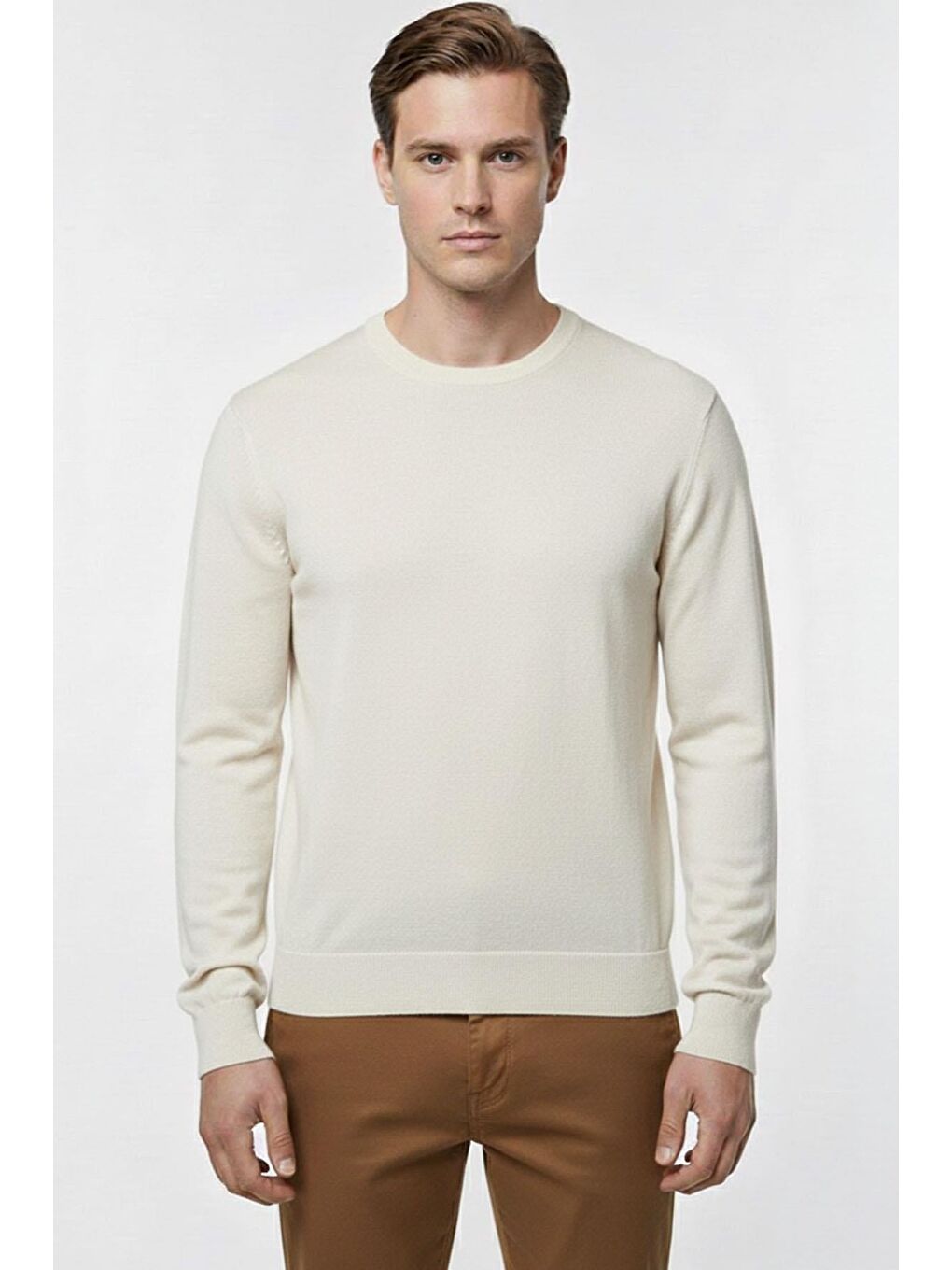 Ekru Regular Fit Pamuklu Bisiklet Yaka Erkek Triko Kazak