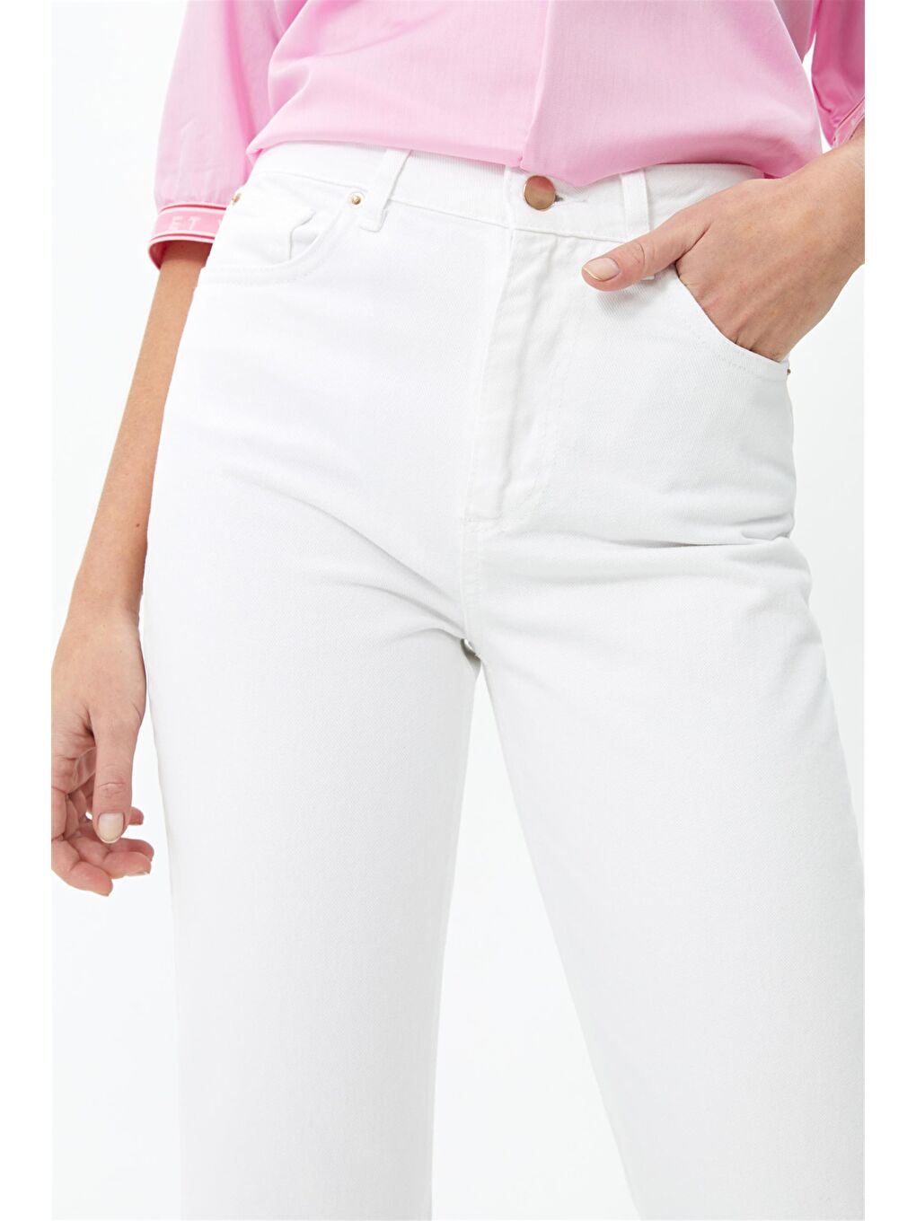%100 Pamuk Beyaz Yüksek Bel, Straight Kalıp Jeans-2