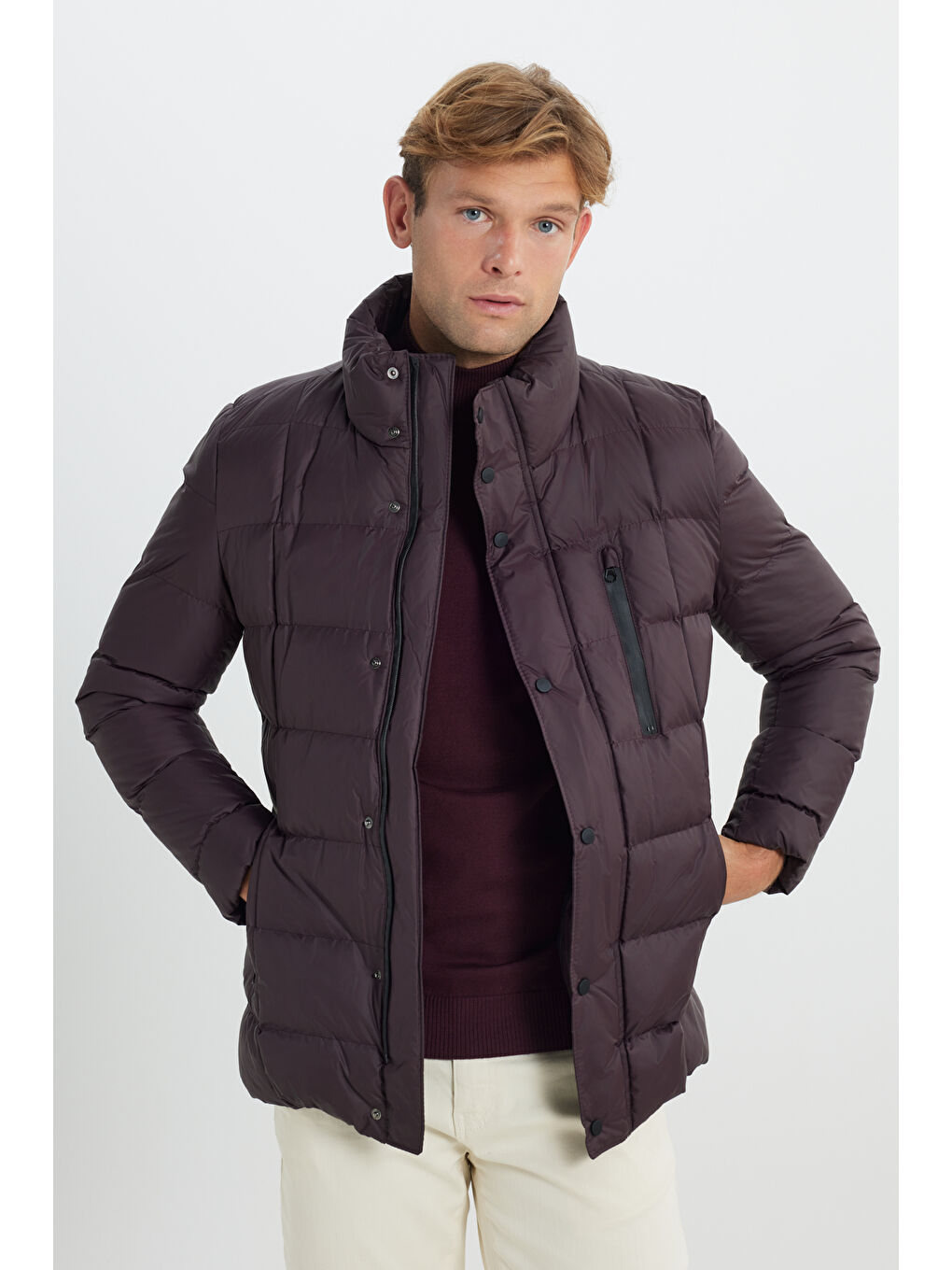 Erkek Bordo Standart Fit Normal Kesim Dik Yaka Yan Cepli Mont-2