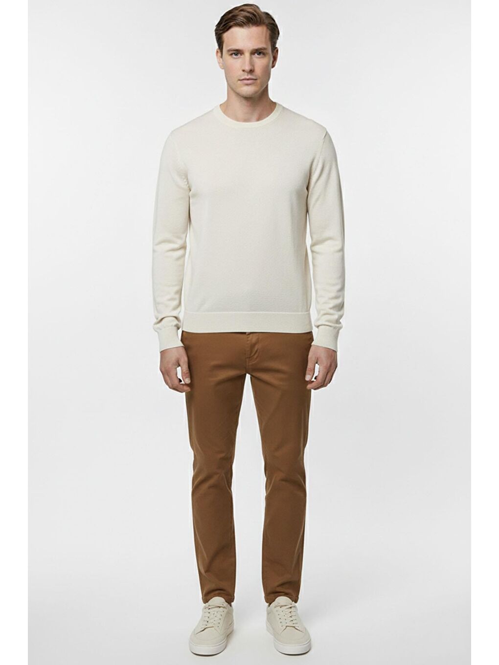 Ekru Regular Fit Pamuklu Bisiklet Yaka Erkek Triko Kazak-1