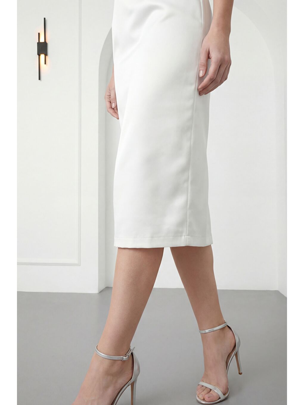 Kadın Beyaz Kayık Yaka Taşlı Midi Söz Nişan Nikah Abiye Elbise-3