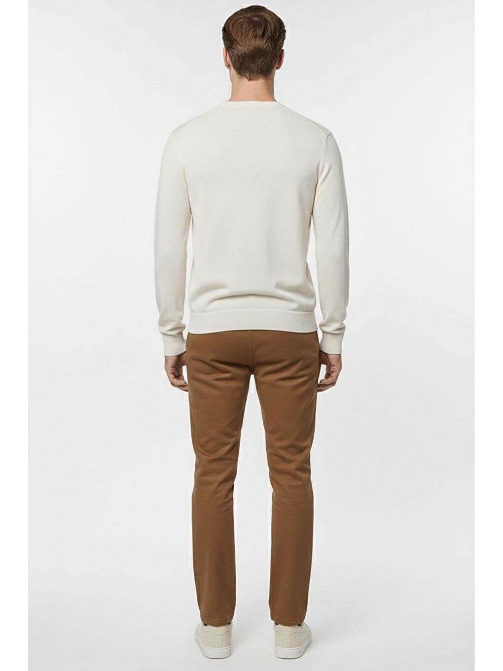 Ekru Regular Fit Pamuklu Bisiklet Yaka Erkek Triko Kazak-3