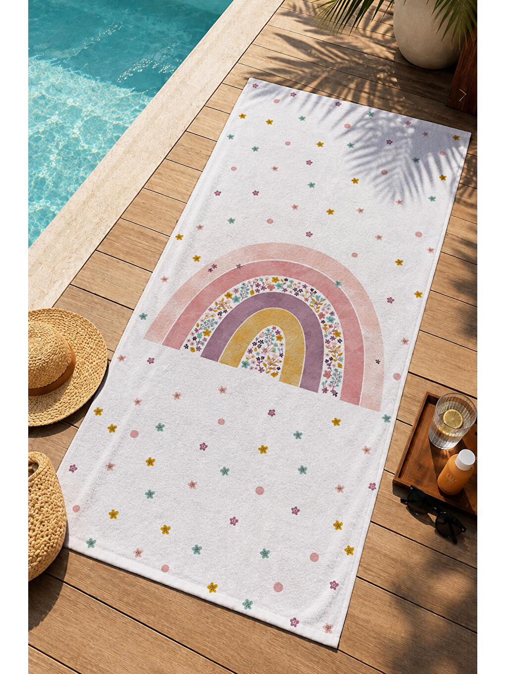 Pembe Pastel Renk Kemeri Renkli Noktalı Desenli 70x150 Plaj Havlusu - Dijital Baskılı Banyo Havlusu-1