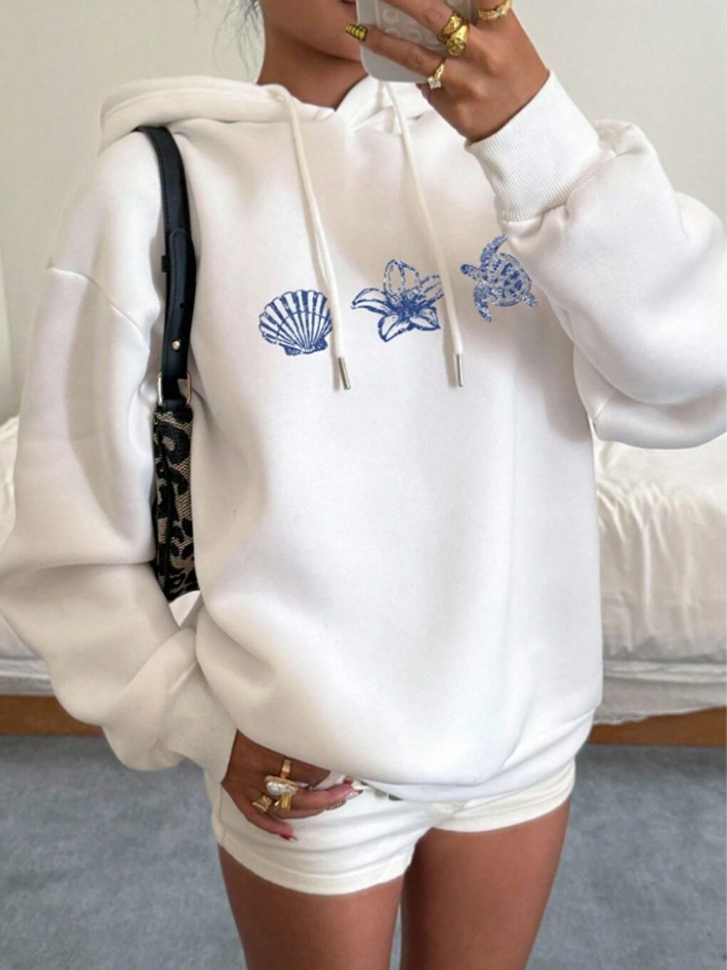 Beyaz Unisex Erkek Kadın Kap Özel Baskılı Pamuklu Oversize Kapüşonlu Sweatshirt