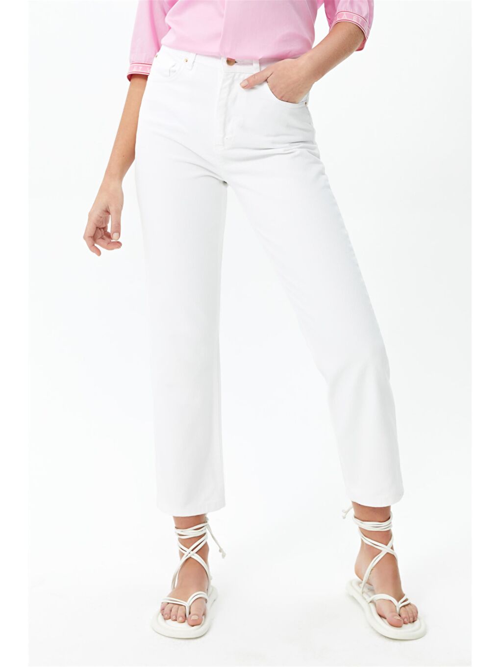 %100 Pamuk Beyaz Yüksek Bel, Straight Kalıp Jeans-3