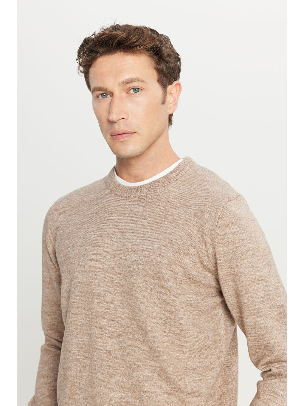 Bej Erkek Vizon Standart Fit Normal Kesim Bisiklet Yaka Şardonlu Triko Kazak-3