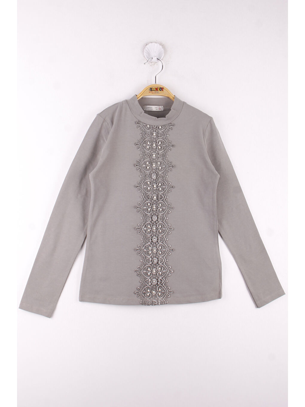 Gri Kız Çocuk Önü Dantelli Okul Tişört