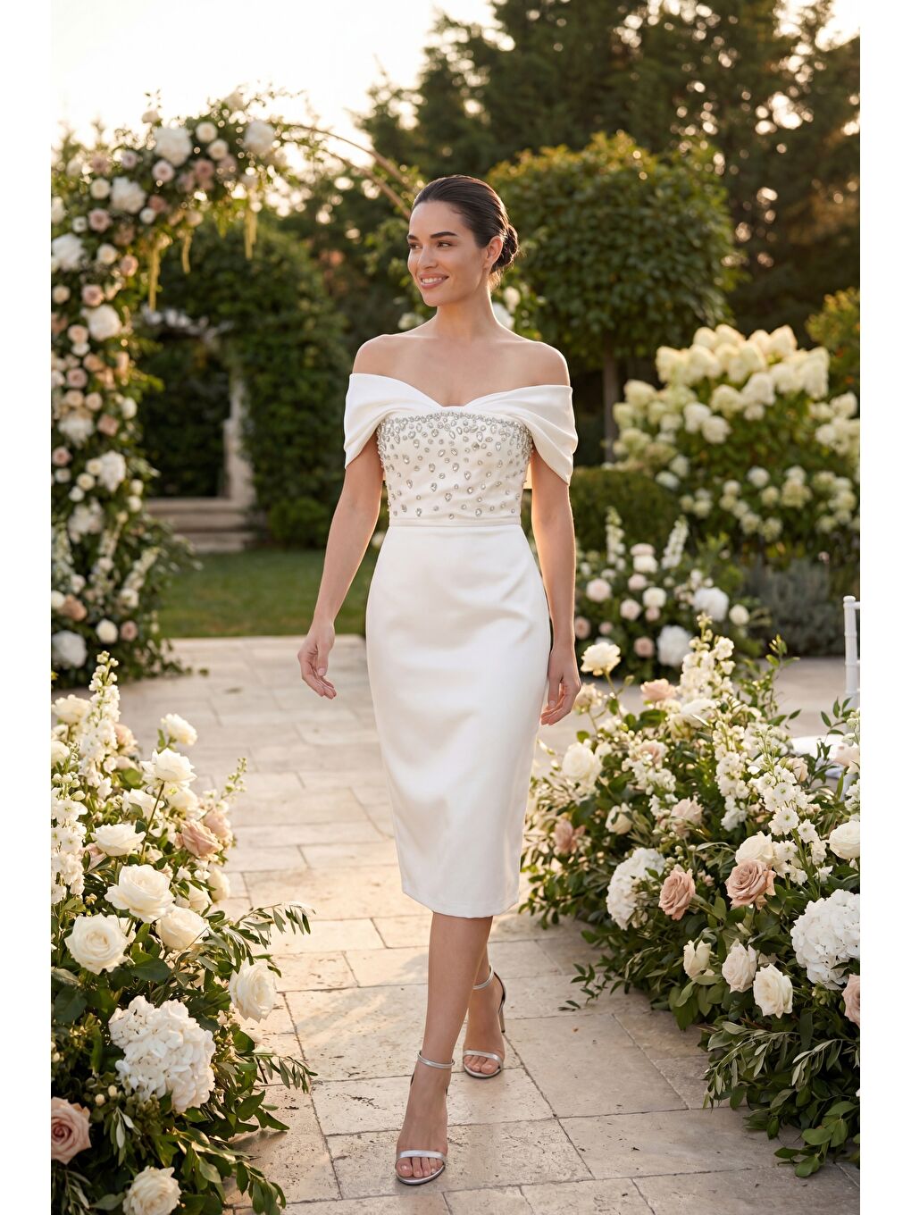 Kadın Beyaz Kayık Yaka Taşlı Midi Söz Nişan Nikah Abiye Elbise-4