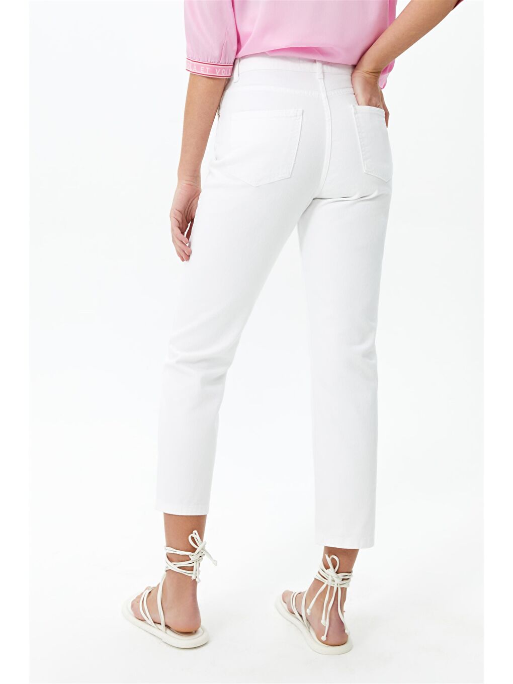 %100 Pamuk Beyaz Yüksek Bel, Straight Kalıp Jeans-4