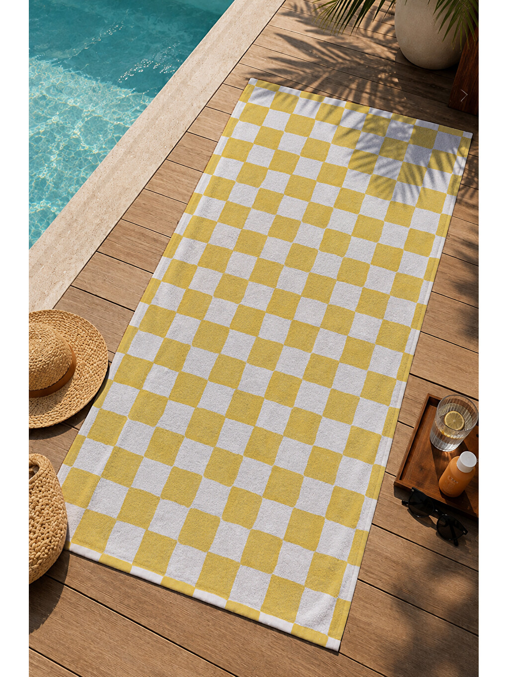 Sarı Beyaz Dama Desenli 70x150 Cm Dijital Baskılı Plaj Ve Banyo Havlusu-2
