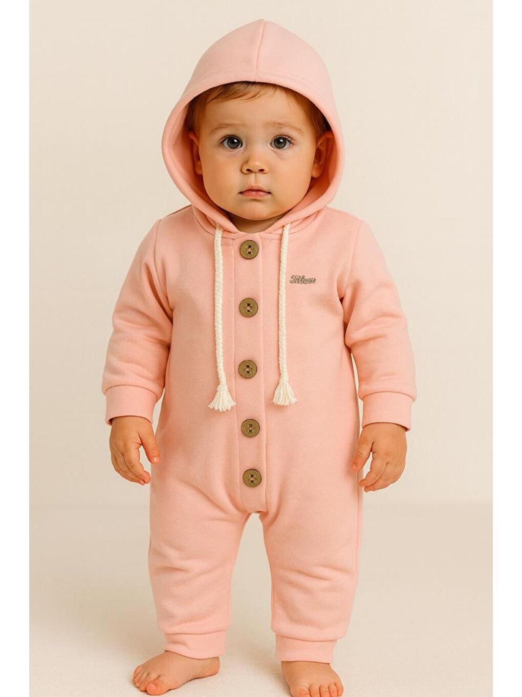 Pembe Unisex Bebek Kapüşonlu Düğmeli Mevsimlik Tulum