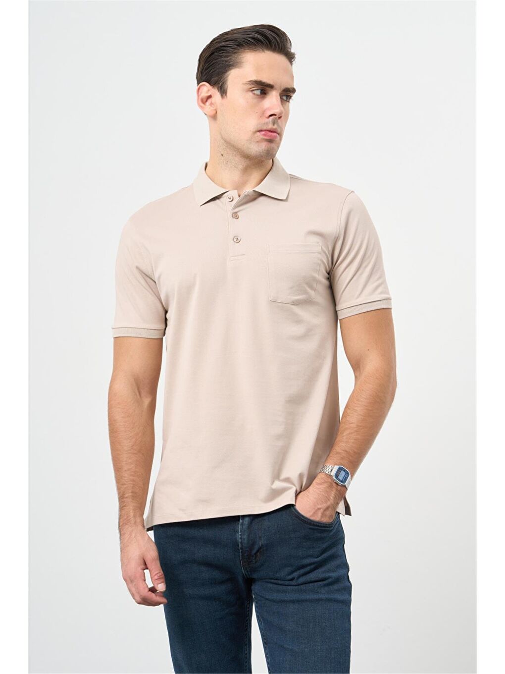 Açık Bej Kısa Kol Düz Pike Polo Yaka Casual Comfort Fit Tişört 1011240195