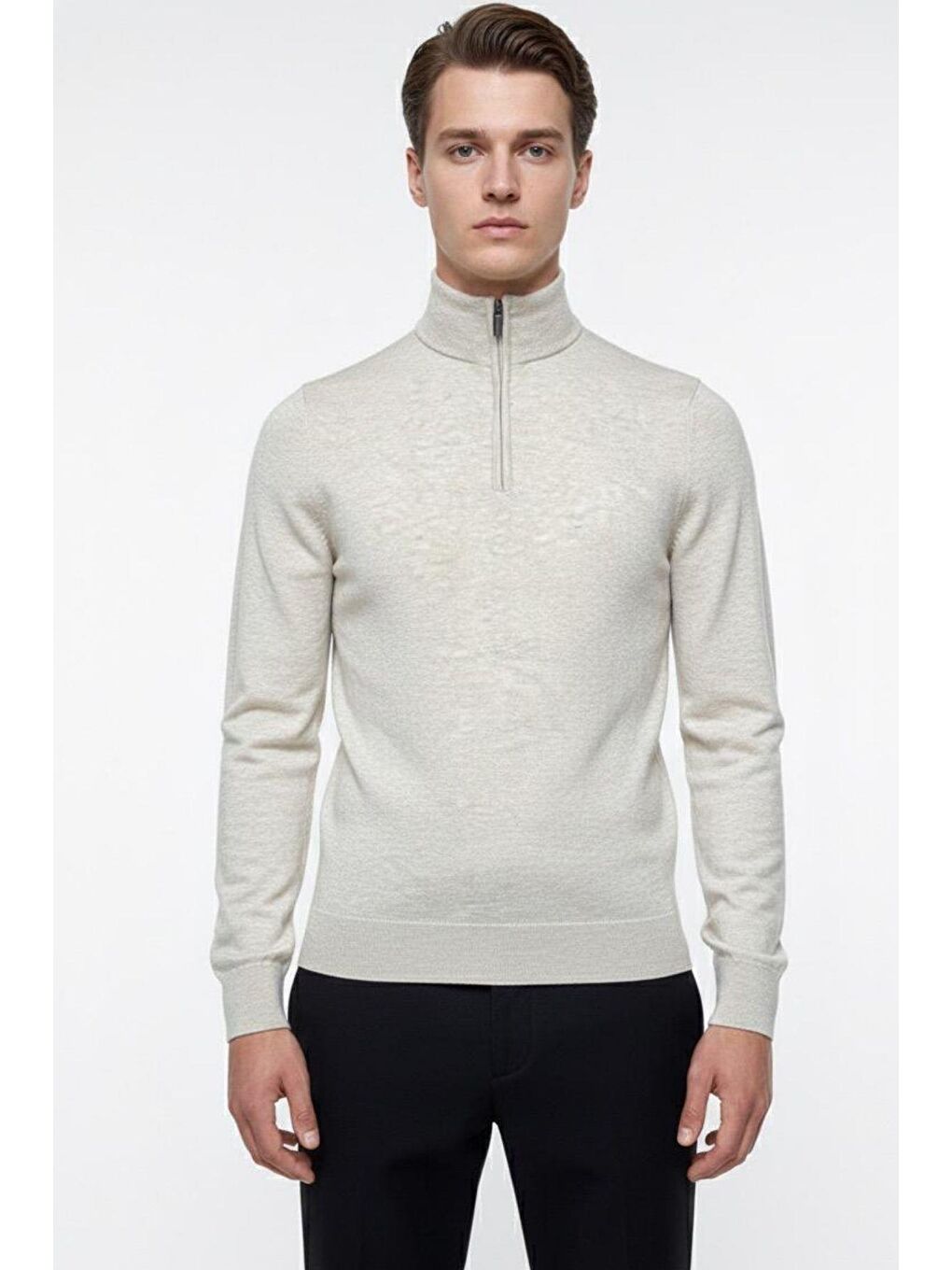 Bej Regular Fit Pamuklu Fermuarlı Yarım Balıkçı Yaka Erkek Triko Kazak