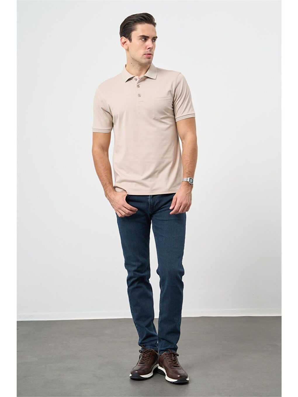 Açık Bej Kısa Kol Düz Pike Polo Yaka Casual Comfort Fit Tişört 1011240195-1