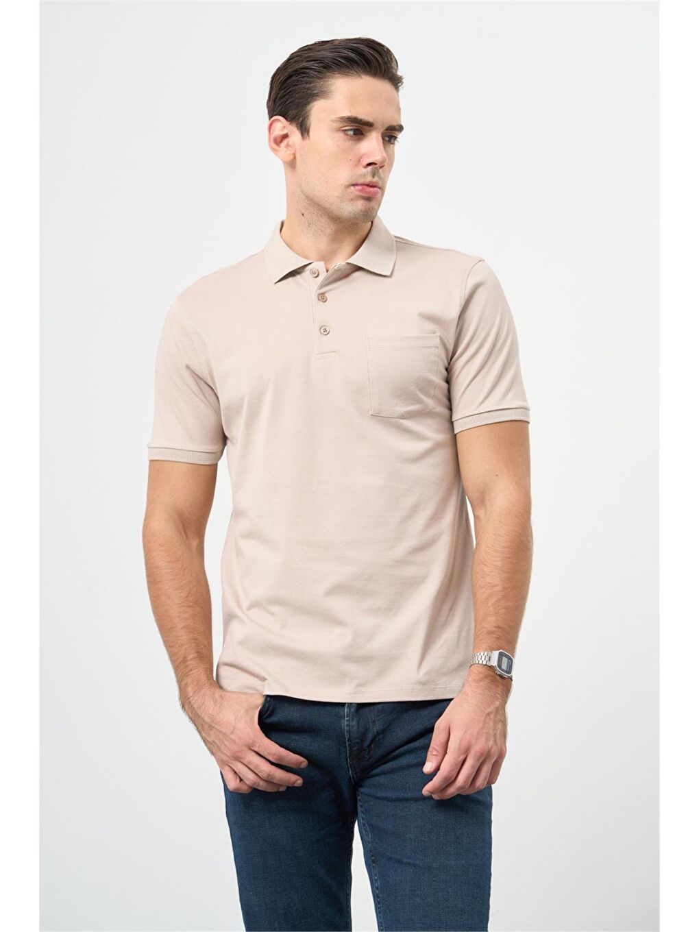 Açık Bej Kısa Kol Düz Pike Polo Yaka Casual Comfort Fit Tişört 1011240195-2