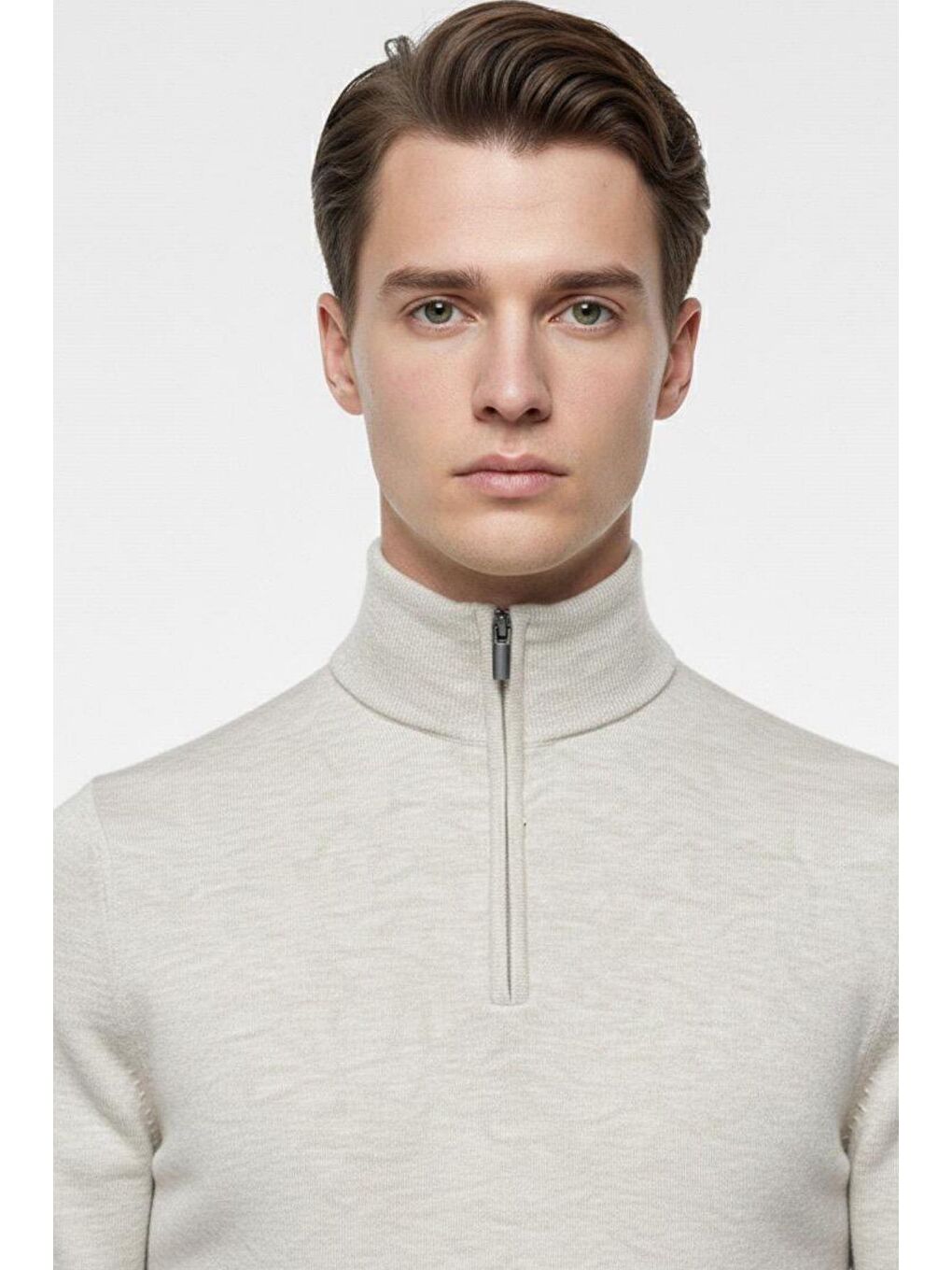 Bej Regular Fit Pamuklu Fermuarlı Yarım Balıkçı Yaka Erkek Triko Kazak-1