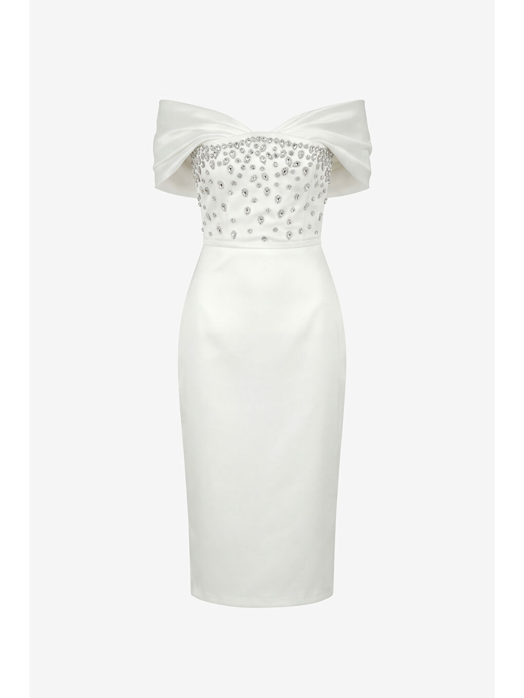 Kadın Beyaz Kayık Yaka Taşlı Midi Söz Nişan Nikah Abiye Elbise-6