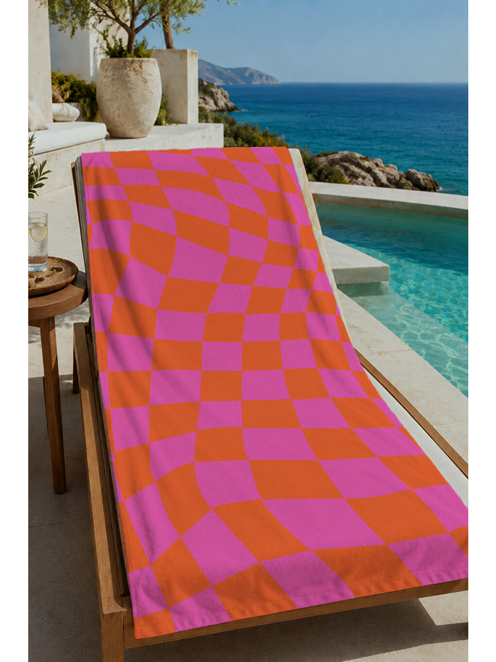Pembe Turuncu Dalgalı Dama Desenli 70x150 Cm Dijital Baskılı Plaj Ve Banyo Havlusu