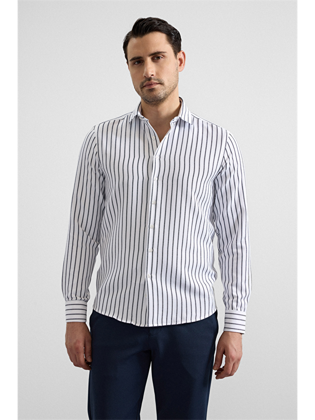 Lacivert Slim Klasik Yaka Cepsiz Casual Gömlek