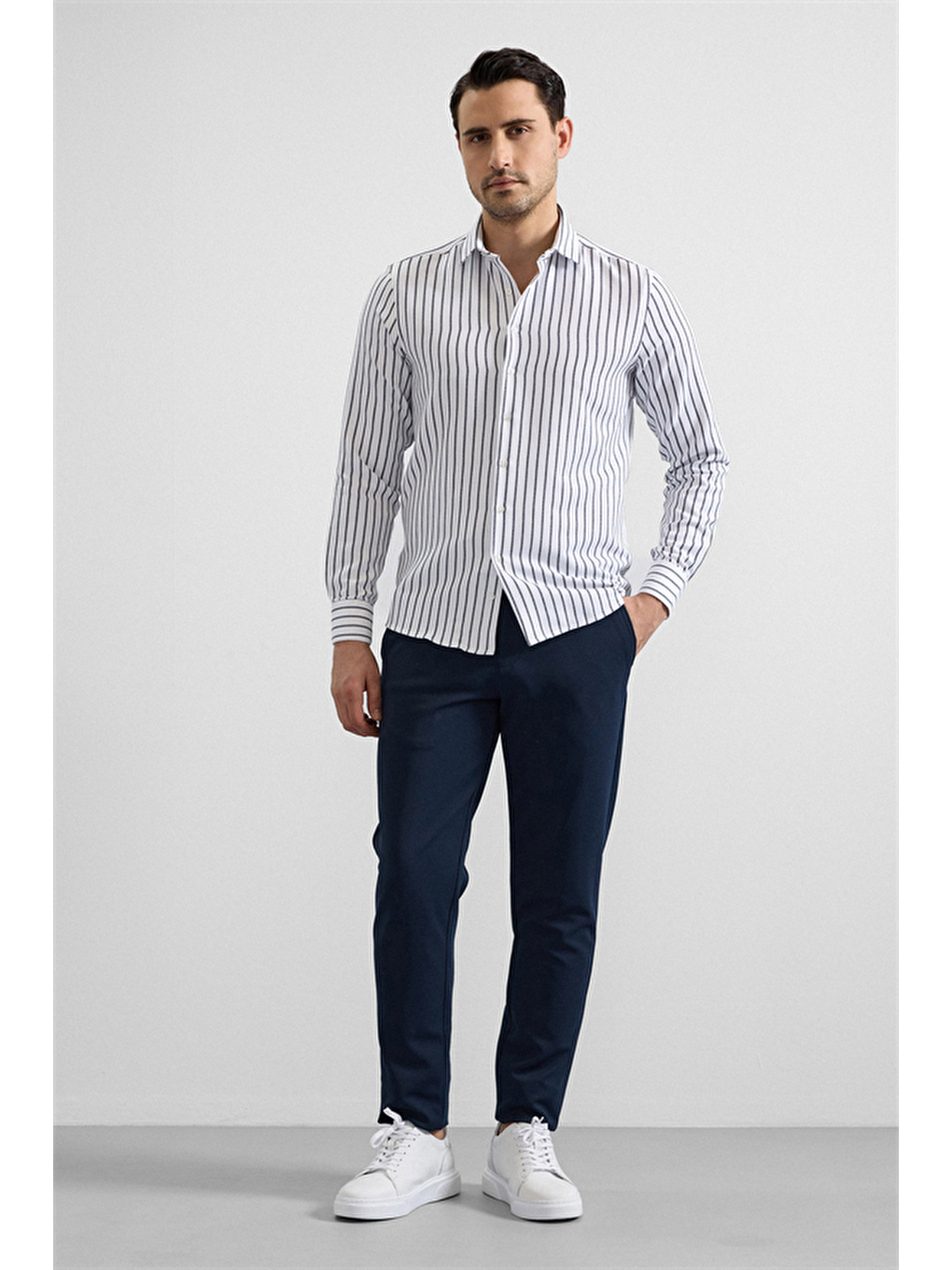 Lacivert Slim Klasik Yaka Cepsiz Casual Gömlek-2