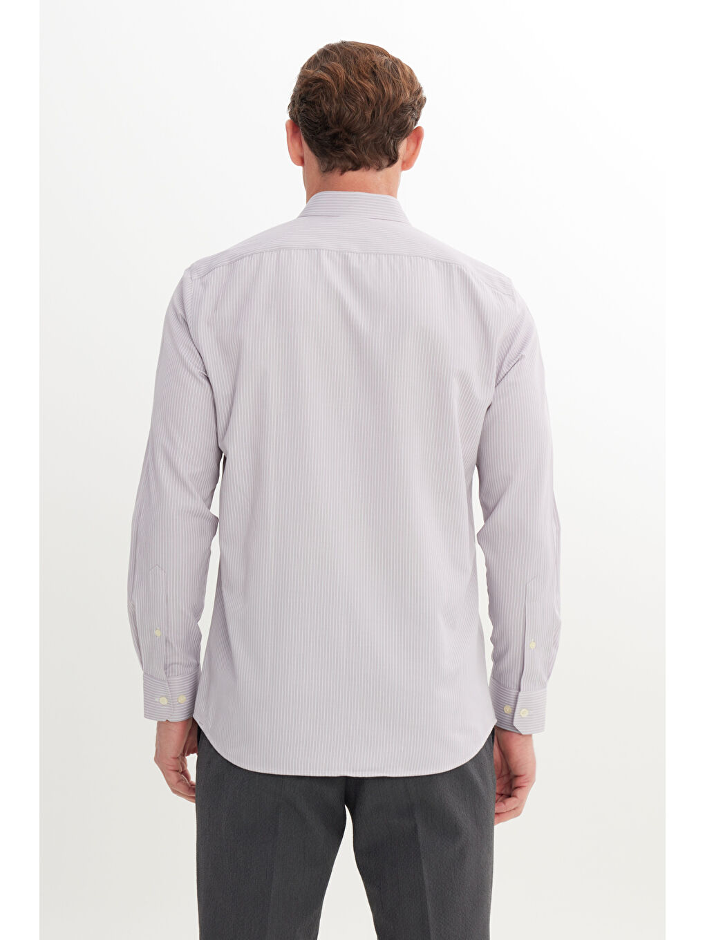 Erkek Gri Pamuklu Slim Fit Dar Kesim Düğmeli Yaka Çizgili Gömlek-4