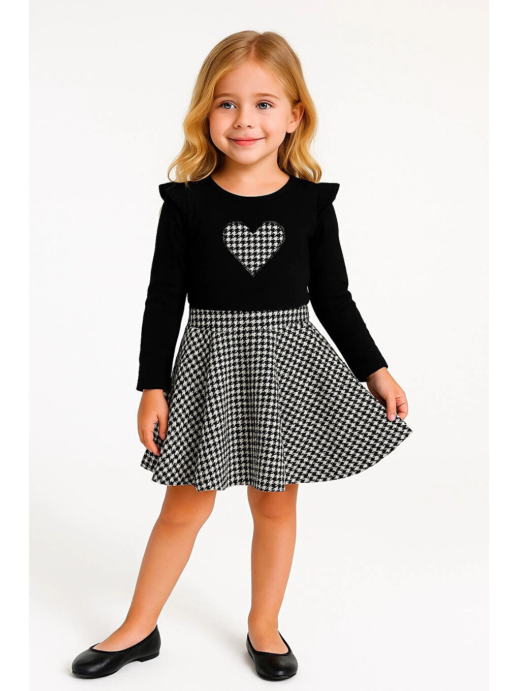 Siyah Ekoseli Kalp Nakışlı Etekli Kız Çocuk Takım 20455