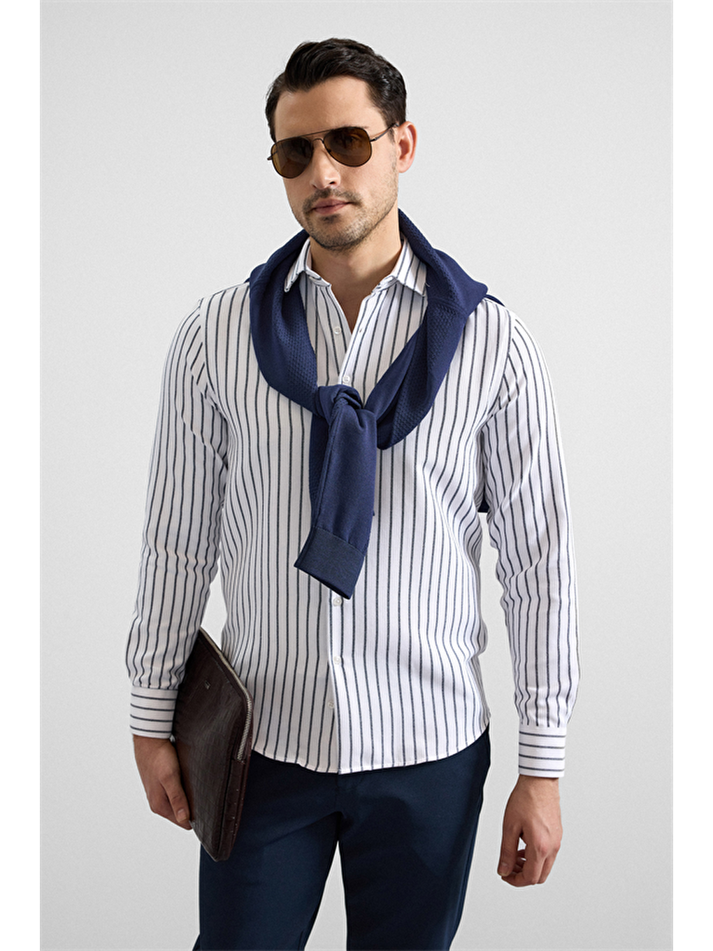 Lacivert Slim Klasik Yaka Cepsiz Casual Gömlek-5