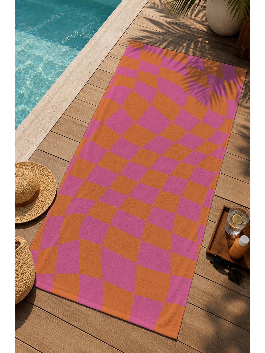 Pembe Turuncu Dalgalı Dama Desenli 70x150 Cm Dijital Baskılı Plaj Ve Banyo Havlusu-2