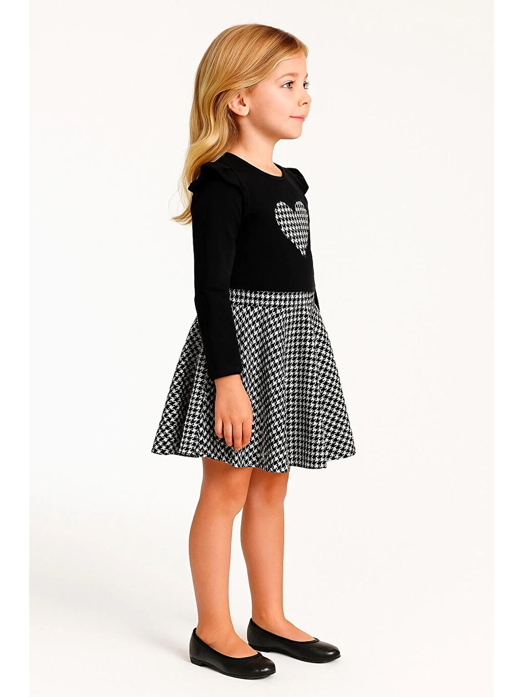 Siyah Ekoseli Kalp Nakışlı Etekli Kız Çocuk Takım 20455-1