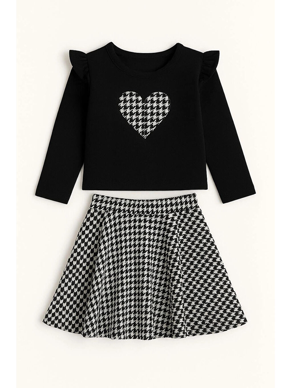 Siyah Ekoseli Kalp Nakışlı Etekli Kız Çocuk Takım 20455-2