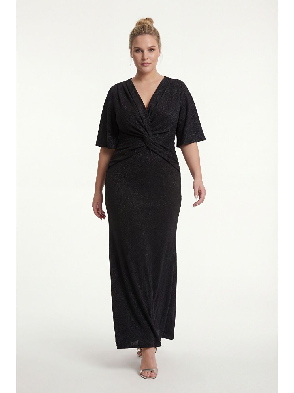 Kadın Siyah V Yaka Kısa Kol Büyük Beden Uzun Abiye Elbise-1