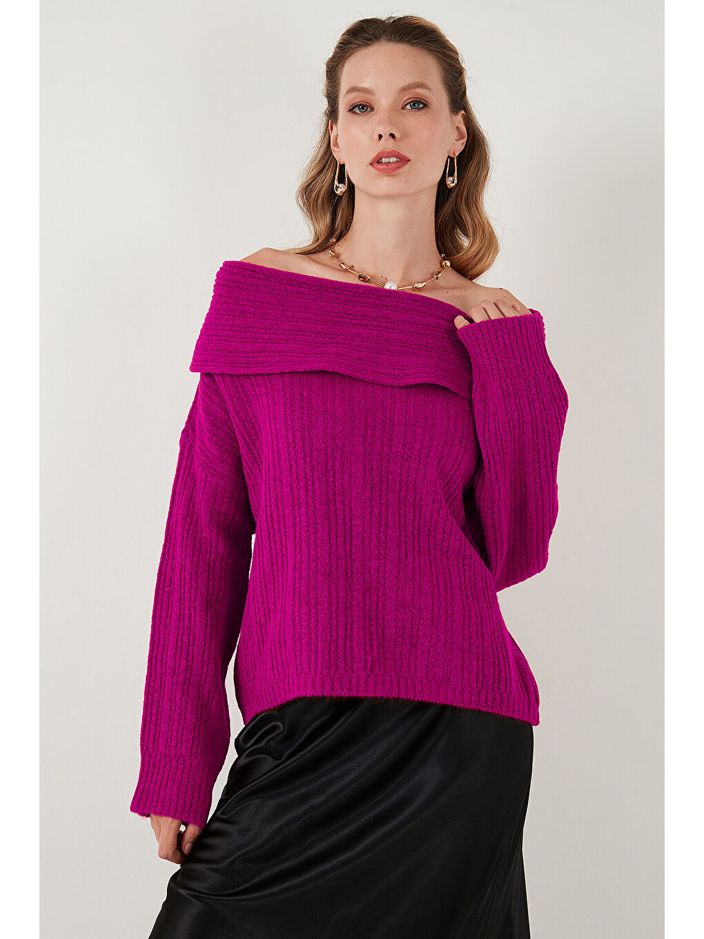Fuşya Standart Fit Madonna Yaka Triko Kadın Kazak 4615216-3