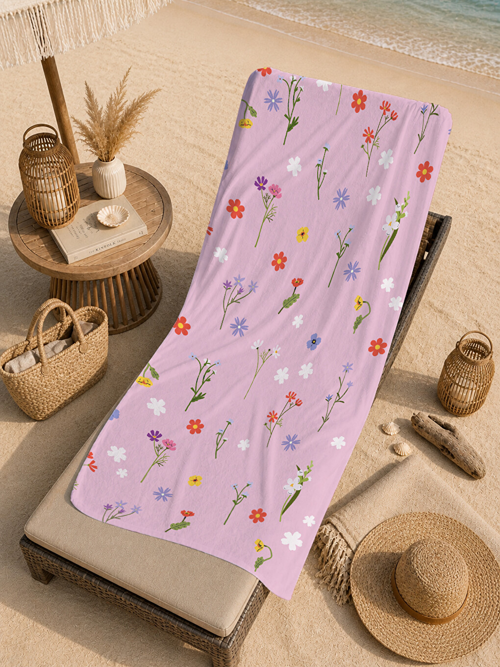 Pembe Zemin Renkli Mini Yaz Motifleri Desenli 70x150 Cm Dijital Baskılı Plaj Ve Banyo Havlusu-4