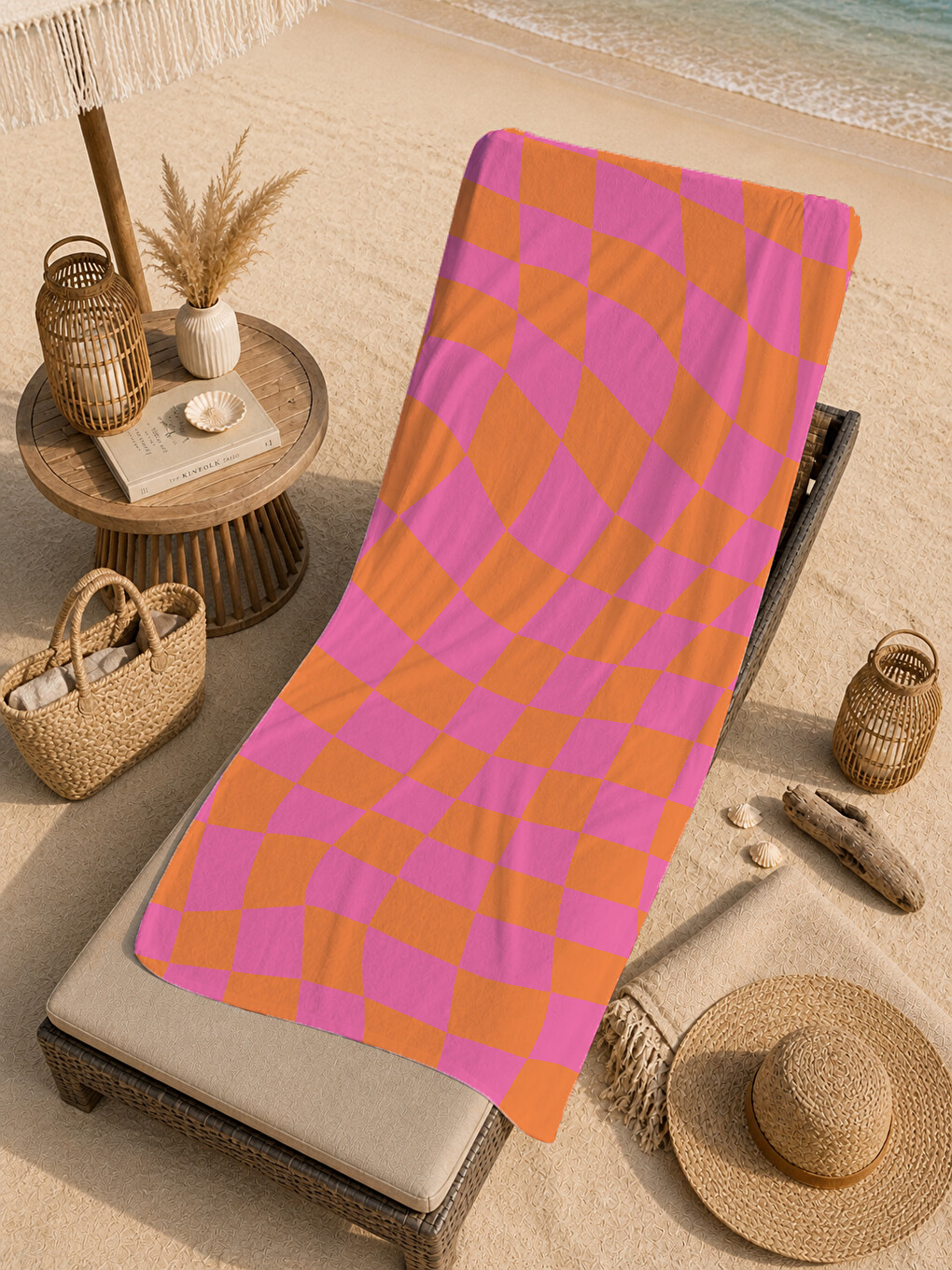 Pembe Turuncu Dalgalı Dama Desenli 70x150 Cm Dijital Baskılı Plaj Ve Banyo Havlusu-4